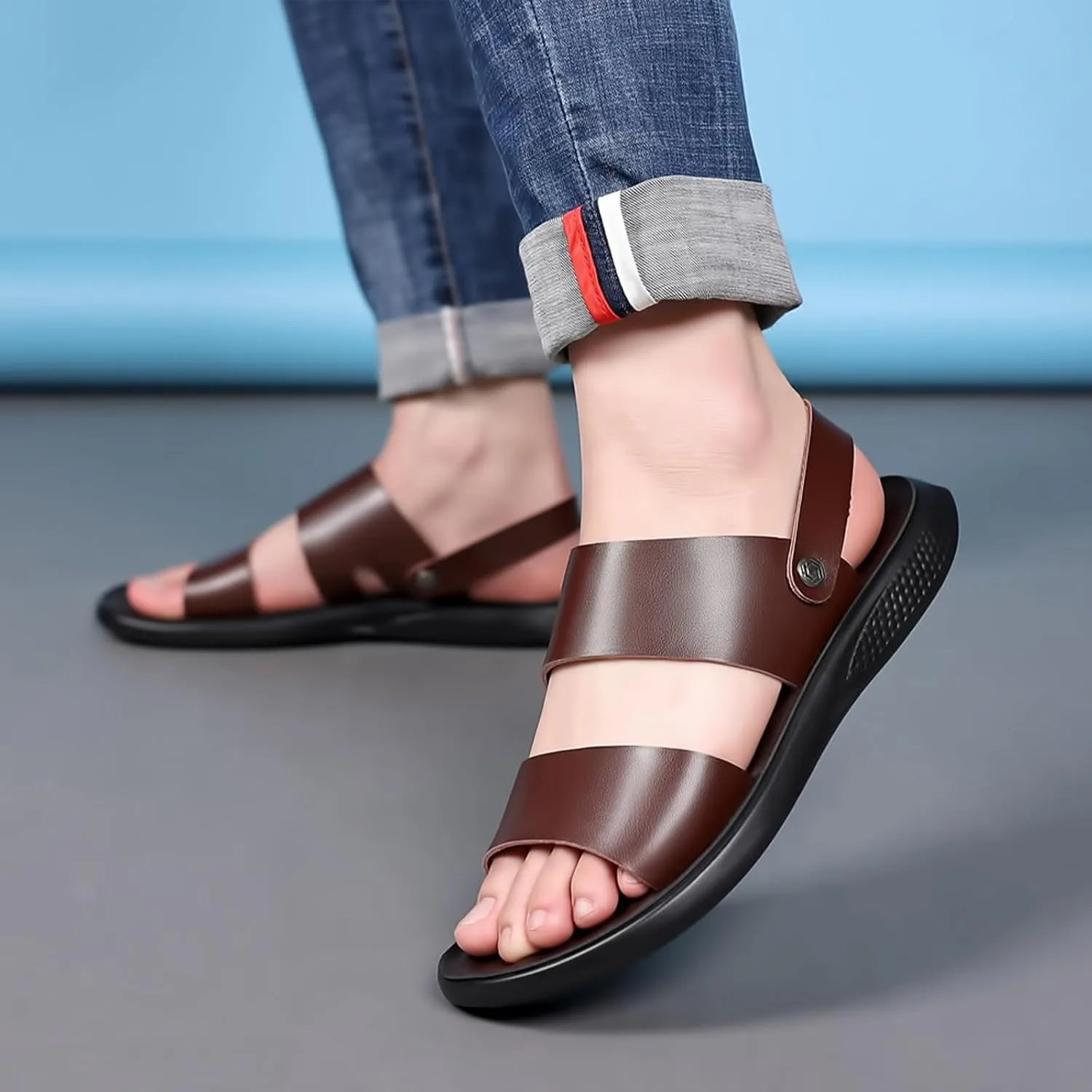 Men's Leather Fashion Sandals Open Toe Slingback Adjustable Ankle Straps Slip-On Beach Sandals Non-Slip Soft Comfortable Slide Sandals