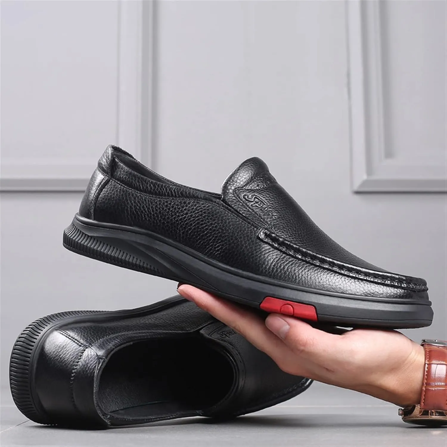 Men's Moc Loafer Genuine Leather Slip on Flat Stretch Shoes Pebble Loafers Stitching Anti Slip Casual Daily Shoes Casual