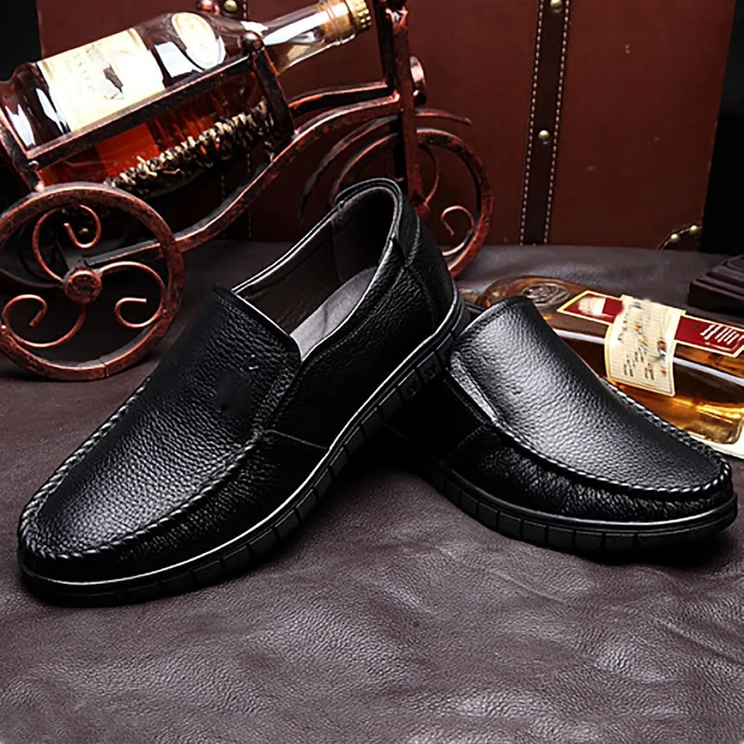 Men's Premium Cowhide Leather, Hollow Slip-On Shoes Anti-Slip Casual Lightweight Breathable for Walking, Travel, Office, Walking Shoes