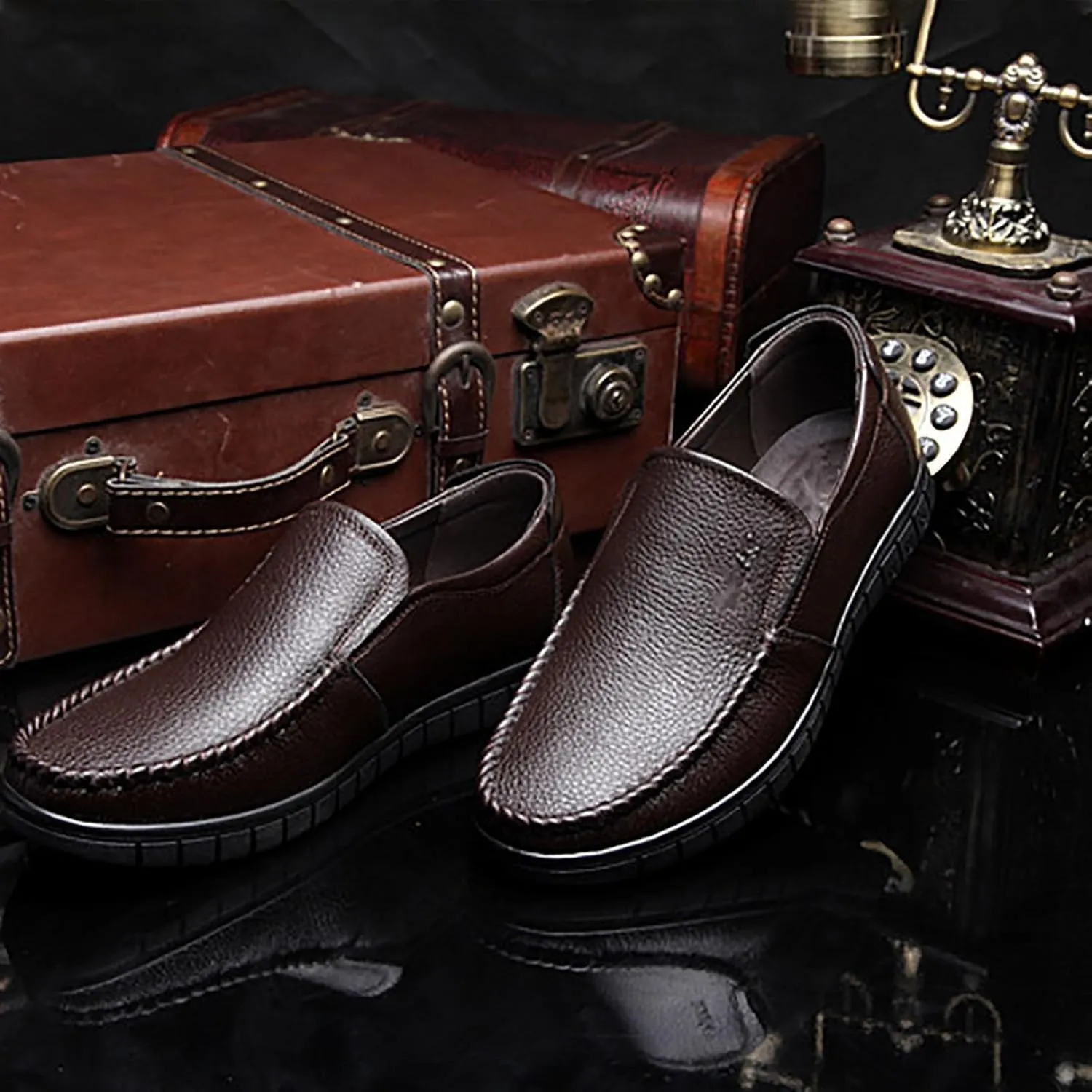 Men's Premium Cowhide Leather, Hollow Slip-On Shoes Anti-Slip Casual Lightweight Breathable for Walking, Travel, Office, Walking Shoes
