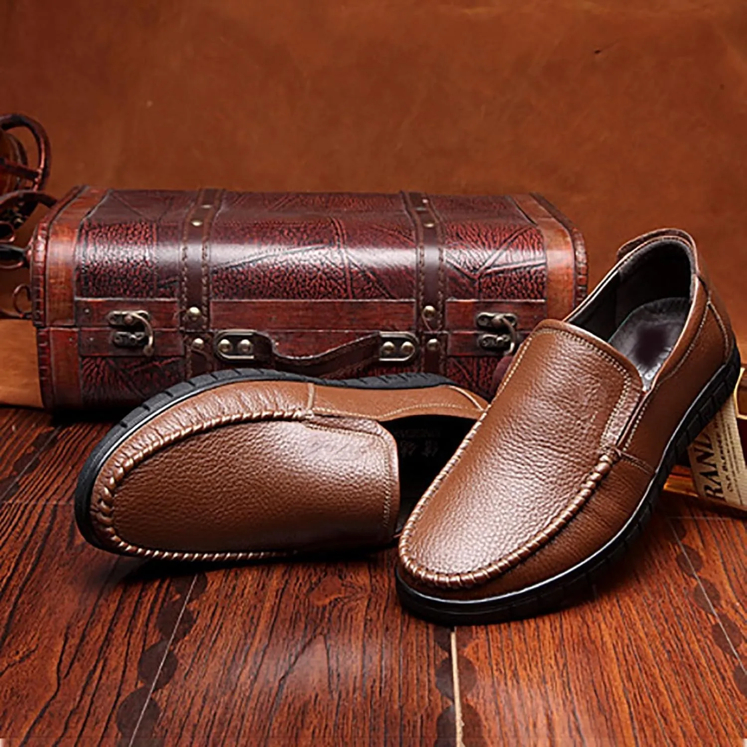 Men's Premium Cowhide Leather, Hollow Slip-On Shoes Anti-Slip Casual Lightweight Breathable for Walking, Travel, Office, Walking Shoes