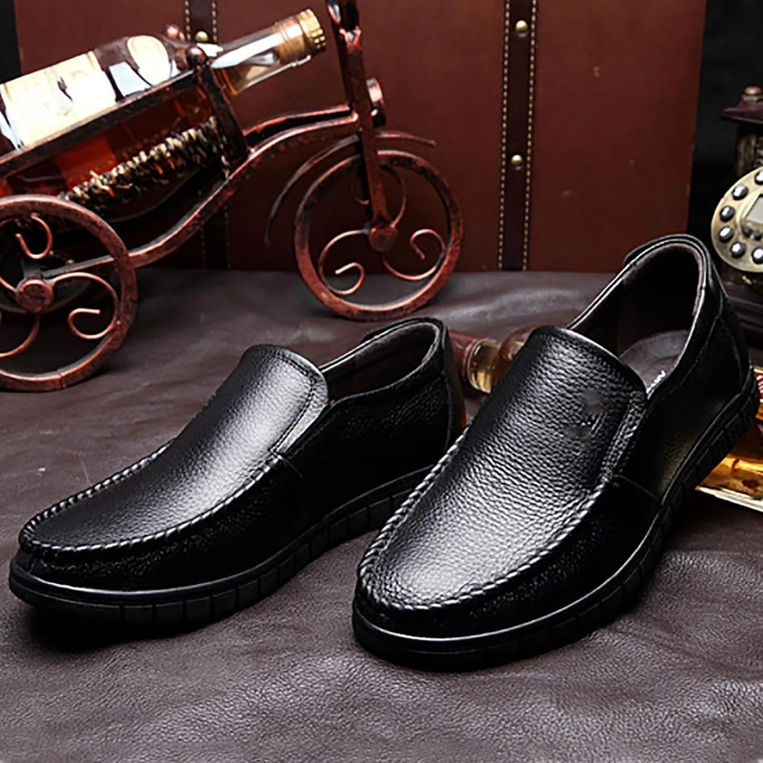 Men's Premium Cowhide Leather, Hollow Slip-On Shoes Anti-Slip Casual Lightweight Breathable for Walking, Travel, Office, Walking Shoes
