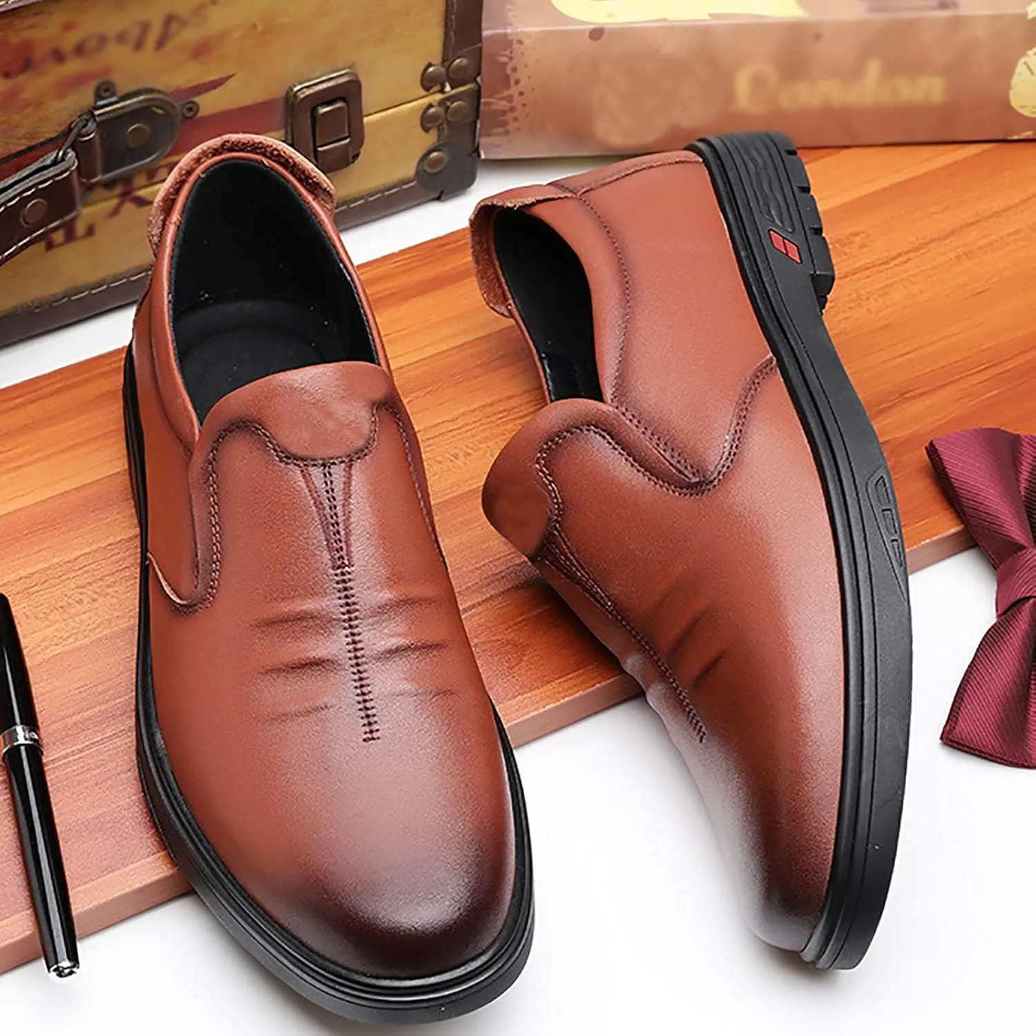 Men's Premium Cowhide Leather Slip-On Shoes Anti-Slip Casual Lightweight Breathable for Walking, Travel, Office