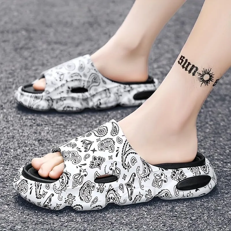 Men's Teardrop Print Cloud Slides - Casual Non-Slip Slippers for Indoor/Outdoor Use - Open Toe Shoes for Beach, Shower, Spring & Summer