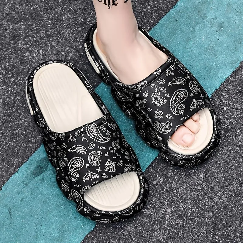 Men's Teardrop Print Cloud Slides - Casual Non-Slip Slippers for Indoor/Outdoor Use - Open Toe Shoes for Beach, Shower, Spring & Summer