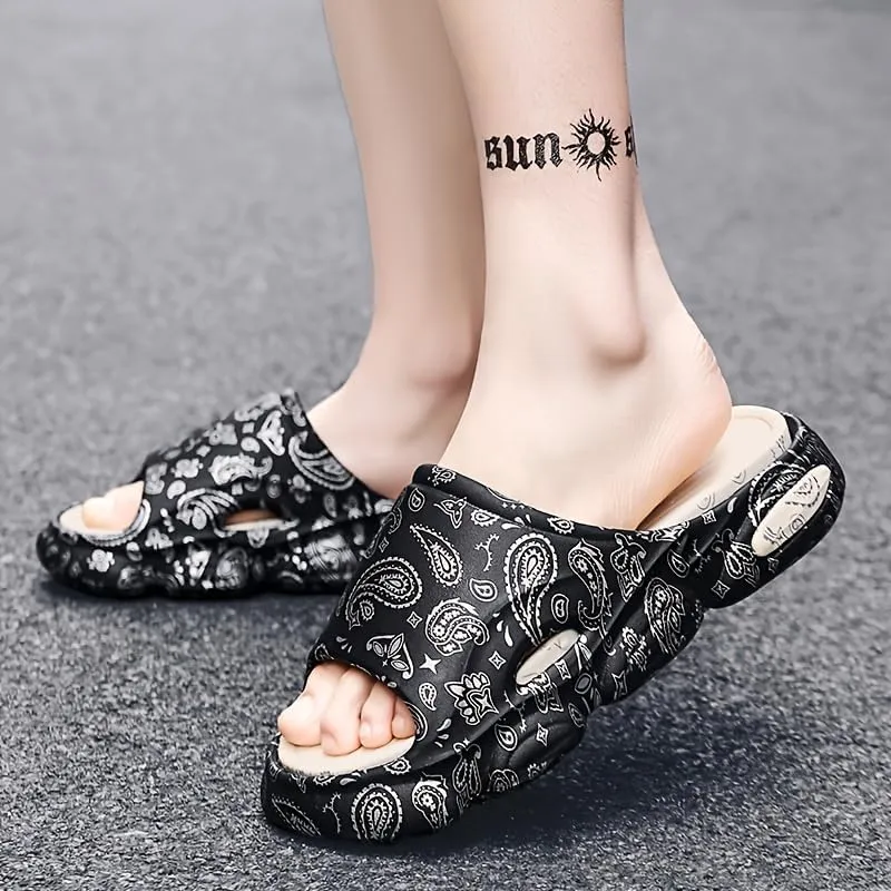 Men's Teardrop Print Cloud Slides - Casual Non-Slip Slippers for Indoor/Outdoor Use - Open Toe Shoes for Beach, Shower, Spring & Summer