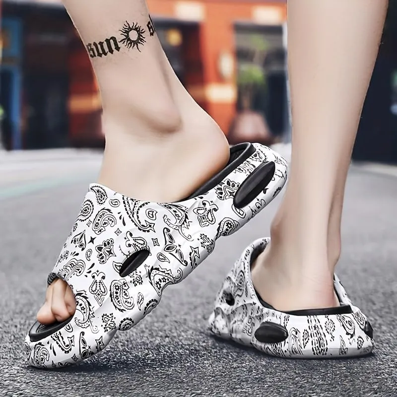 Men's Teardrop Print Cloud Slides - Casual Non-Slip Slippers for Indoor/Outdoor Use - Open Toe Shoes for Beach, Shower, Spring & Summer