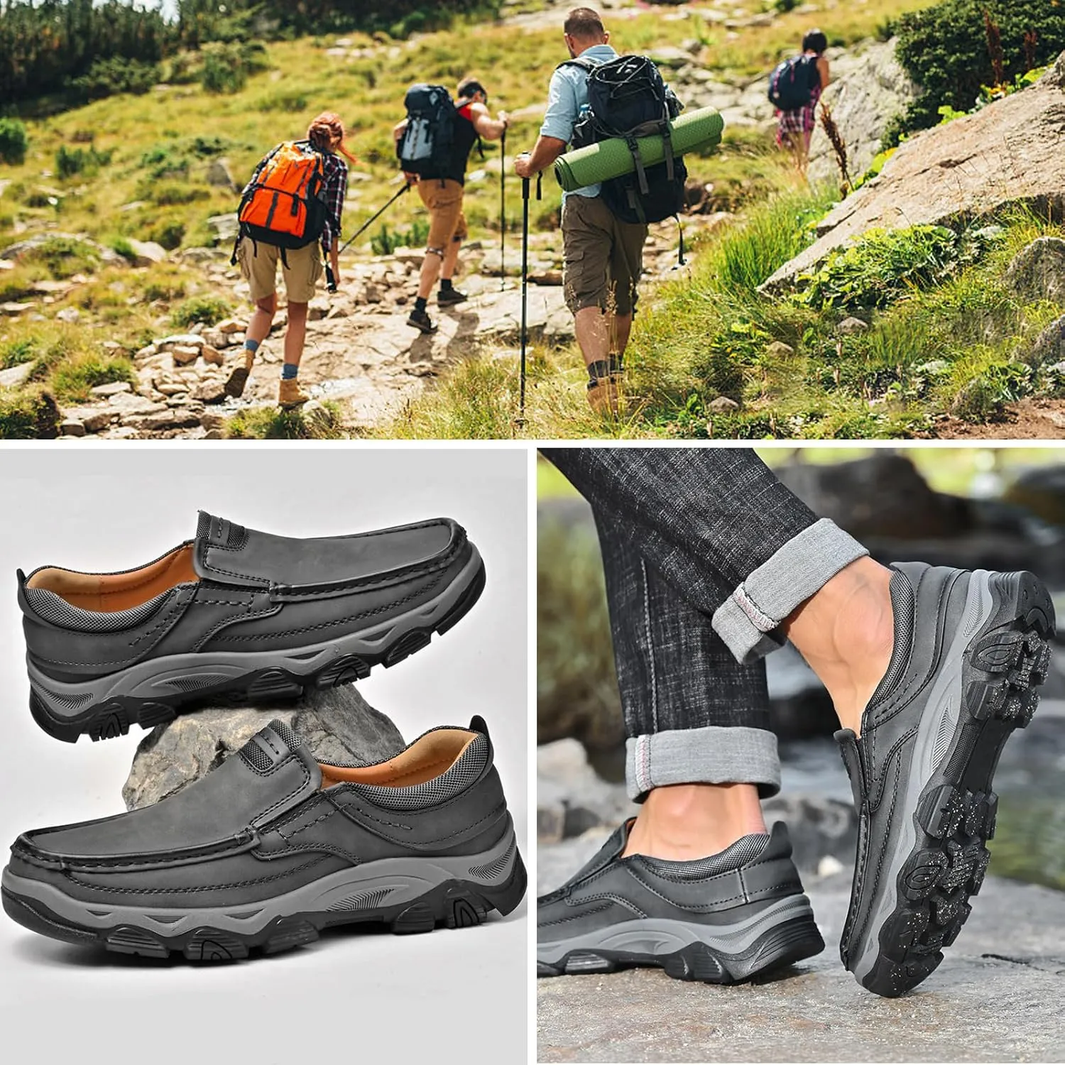 Men's Waterproof Hiking Shoes, Men Slip On Non Slip Work Loafers, Outdoor Lightweight Breathable Sneakers, for Travel, Camping, Running