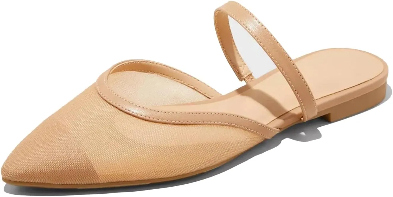 Mesh Ballet Flats for Women Fishnet Mules Shoes Pointed Toe Comfy Casual Office Slip on Mule Flats