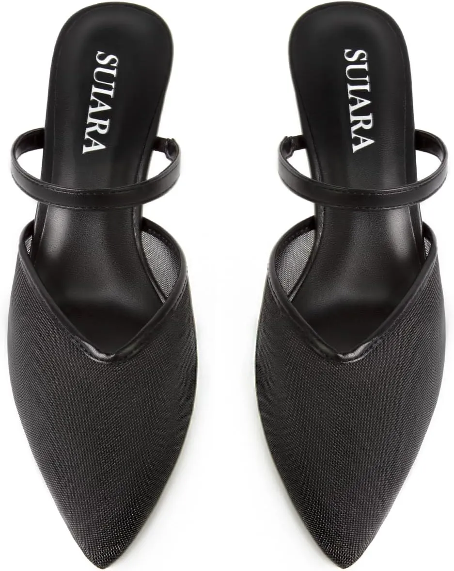 Mesh Kitten Heels for Women Pointed Closed Toe Mule Heeled Sandals Sexy Slip On Dress Pumps