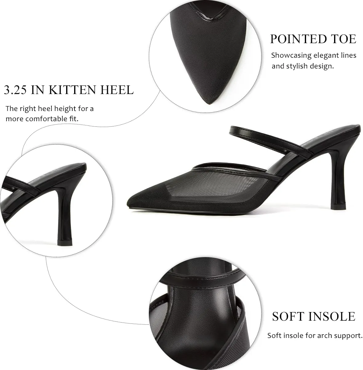 Mesh Kitten Heels for Women Pointed Closed Toe Mule Heeled Sandals Sexy Slip On Dress Pumps
