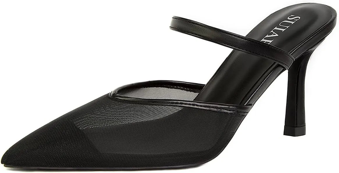 Mesh Kitten Heels for Women Pointed Closed Toe Mule Heeled Sandals Sexy Slip On Dress Pumps