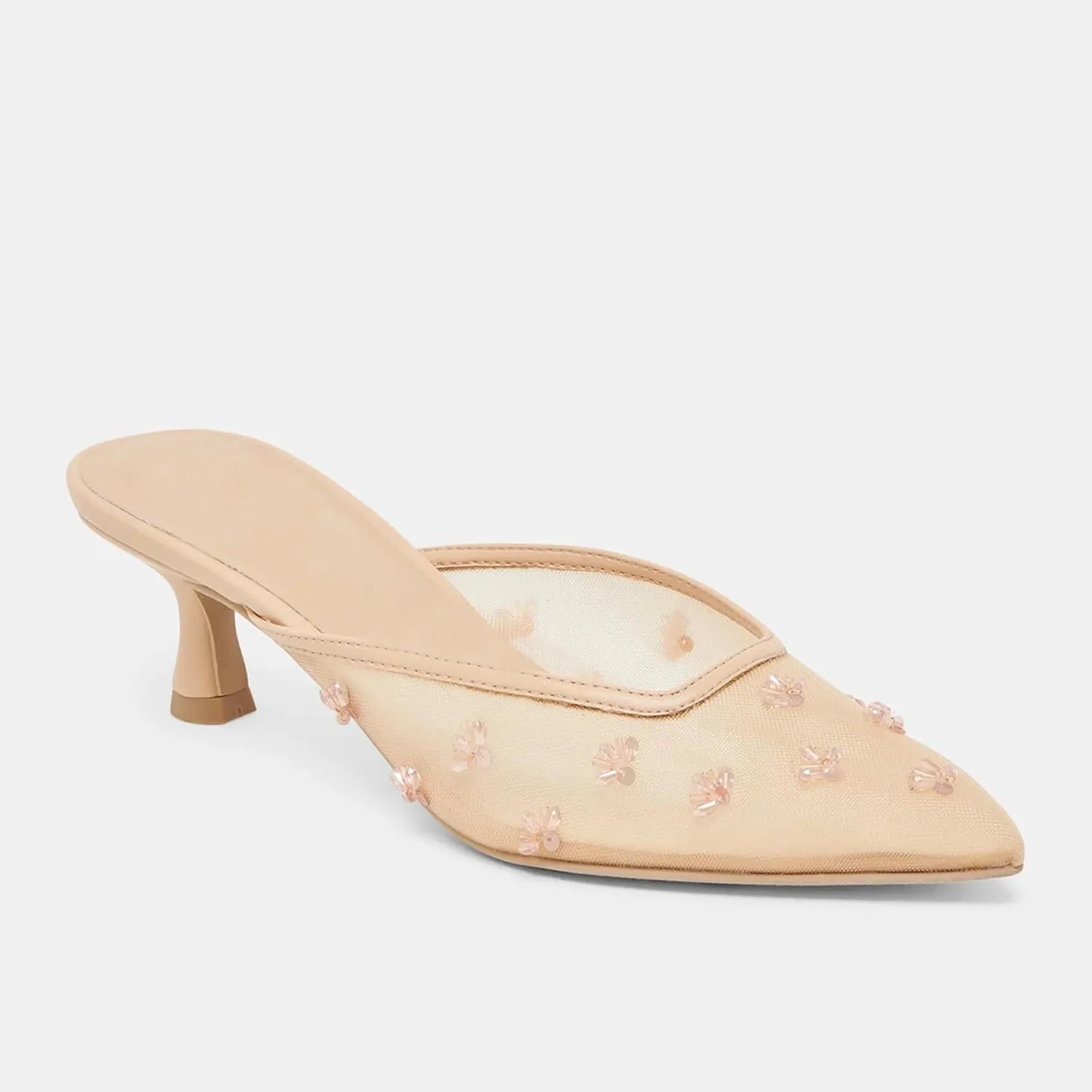 Mesh Kitten Heels Mules for Women Floral Closed Pointed Toe Slip on Low Heels Party Wedding Dressy Comfort Pumps Shoes