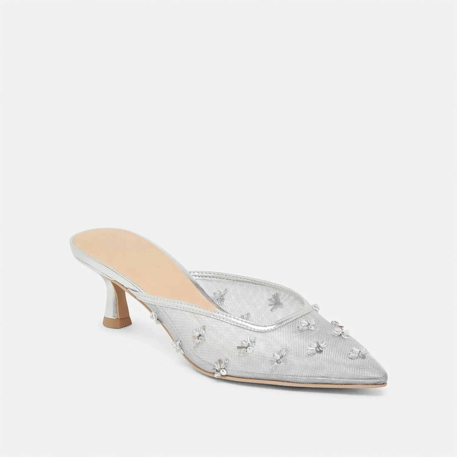 Mesh Kitten Heels Mules for Women Floral Closed Pointed Toe Slip on Low Heels Party Wedding Dressy Comfort Pumps Shoes