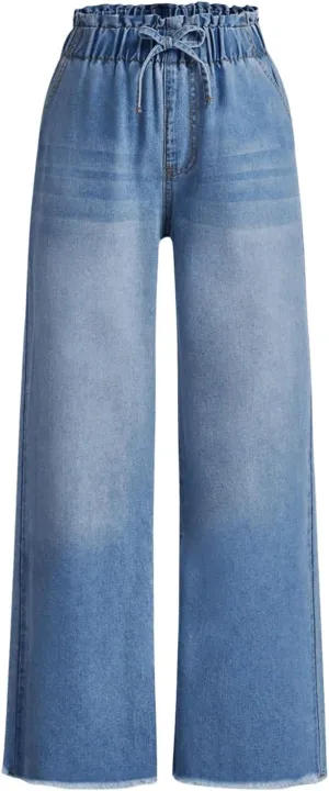 Milumia Girl's Drawstring Paperbag Waist Raw Hem Denim Pants Straight Wide Leg Baggy Jeans