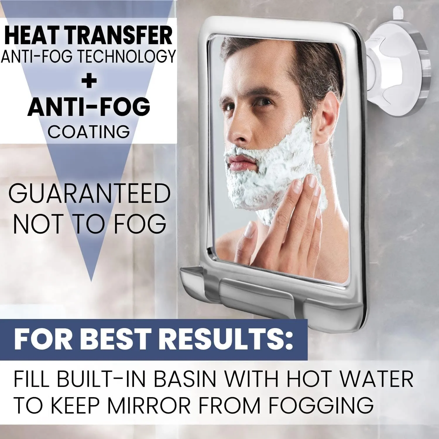 MIRRORVANA Fogless Shower Mirror for Shaving with Razor Holder and Dual Anti Fog Design - Upgraded 360° Swivel Suction Cup with Bonus Hook for Hanging - Shatterproof 8" x 7" Surface (Chrome)
