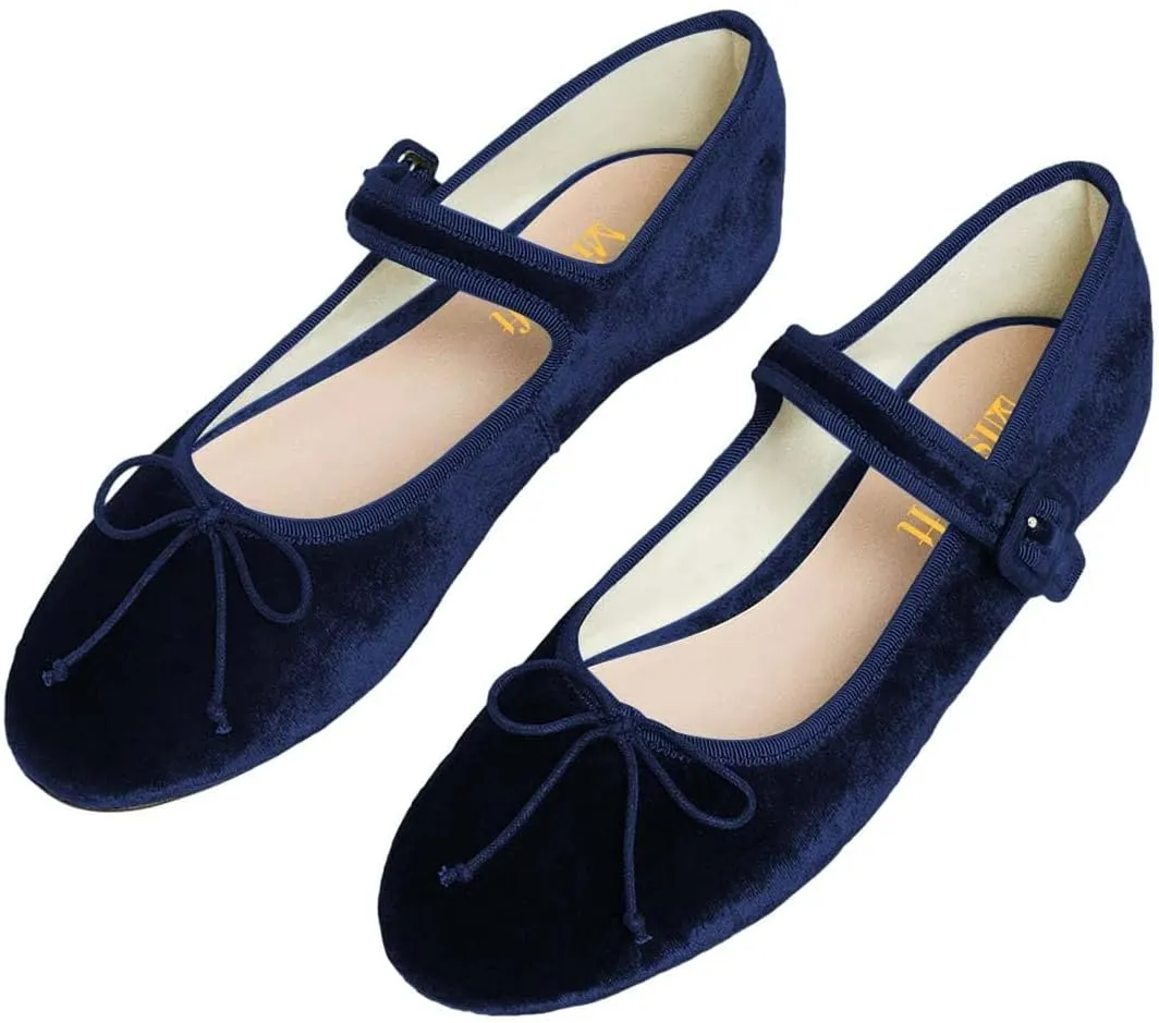 miss left Women Bowknot Ankle Strap Mary Jane Classic Closed Round Toe Ballet Flats Slip On Cozy Casual Dance Shoes Size 4-16 US
