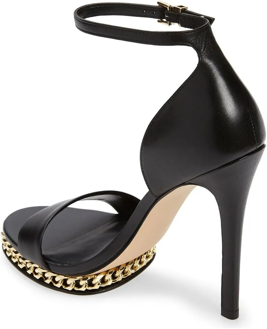 miss left Women Comfy Golden Chain Platform Ankle Strap Sandals Open Almond Toe Sky High Heel Stiletto Pumps Wedding Prom Club Shoes Size 4-16 US