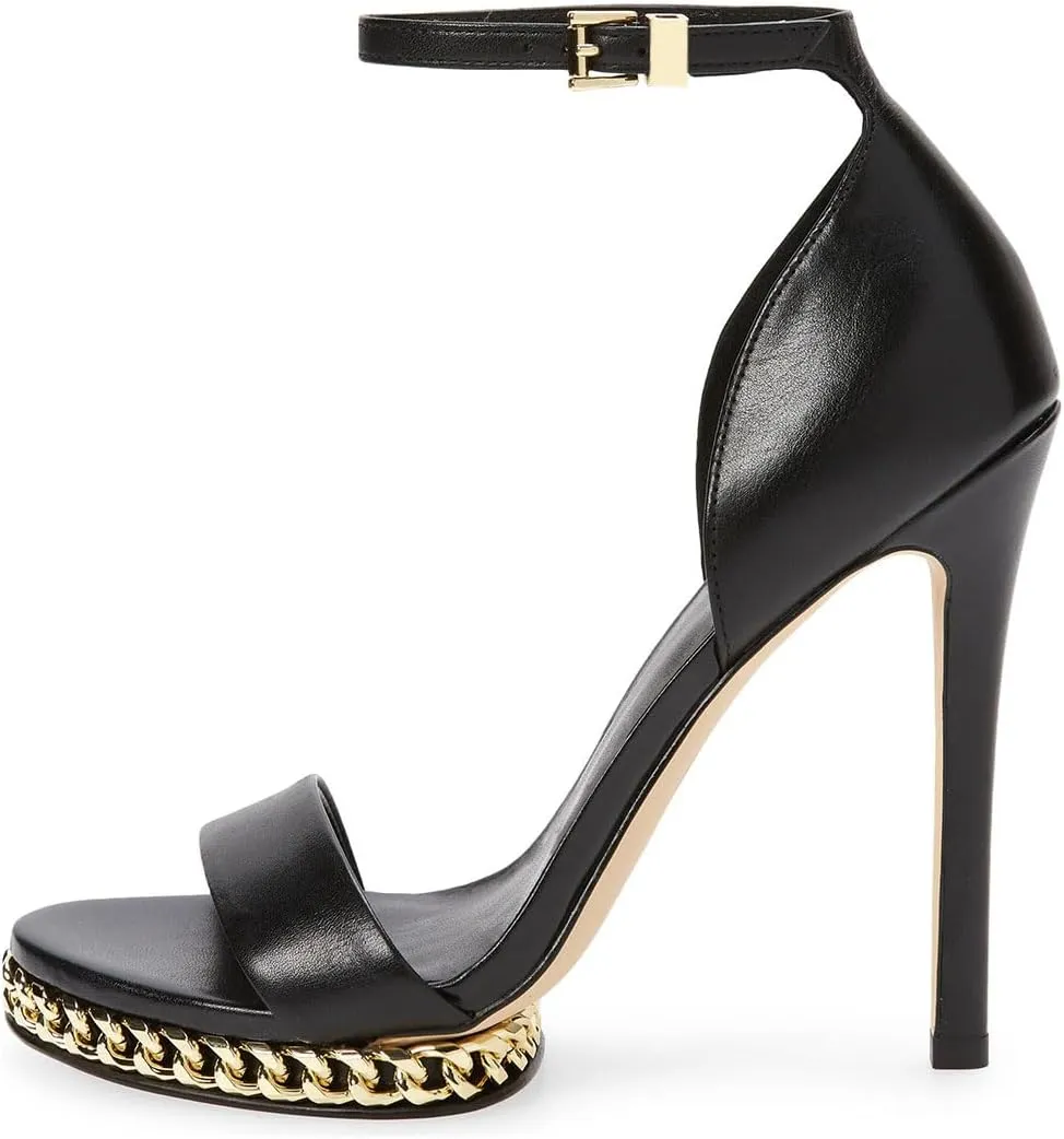 miss left Women Comfy Golden Chain Platform Ankle Strap Sandals Open Almond Toe Sky High Heel Stiletto Pumps Wedding Prom Club Shoes Size 4-16 US
