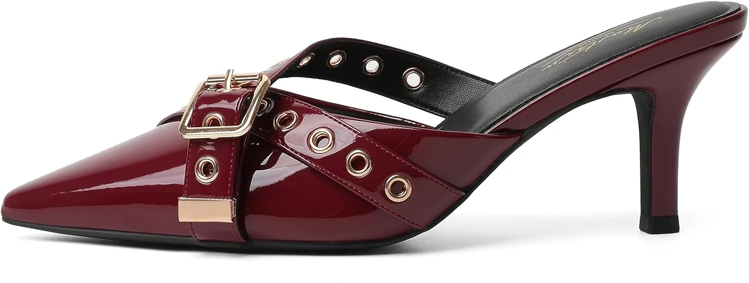 Mostrin Kitten Mules Heels for Women Pointed Closed Toe Heels Vintage Slip on Stiletto Dressy Pumps Shoes