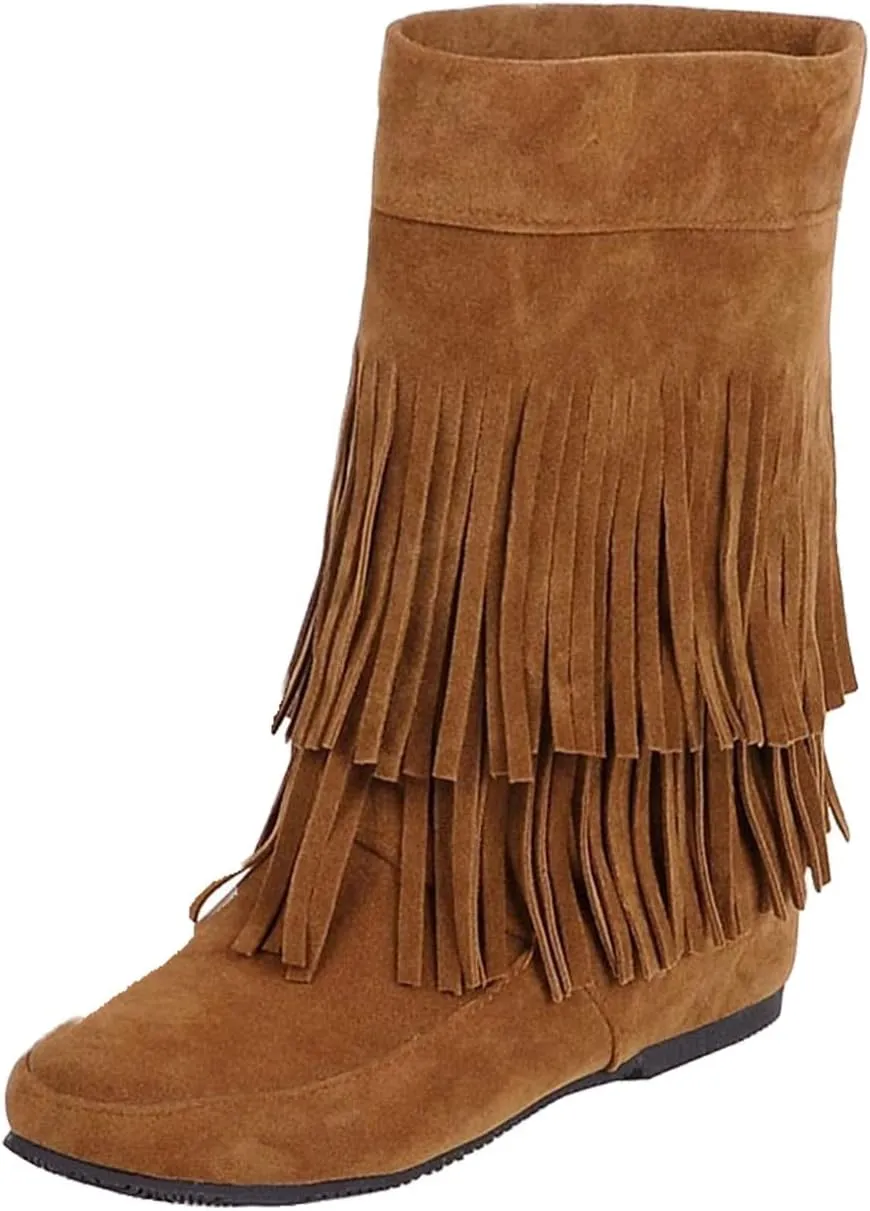 MOYOWEI Women's Vintage 2-Layer Fringe Suede Mid-Calf Boots,Fall Round Toe Hidden Height Lifting Hippie Low Flat High Boots