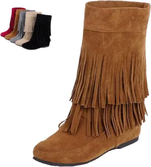 MOYOWEI Women's Vintage 2-Layer Fringe Suede Mid-Calf Boots,Fall Round Toe Hidden Height Lifting Hippie Low Flat High Boots