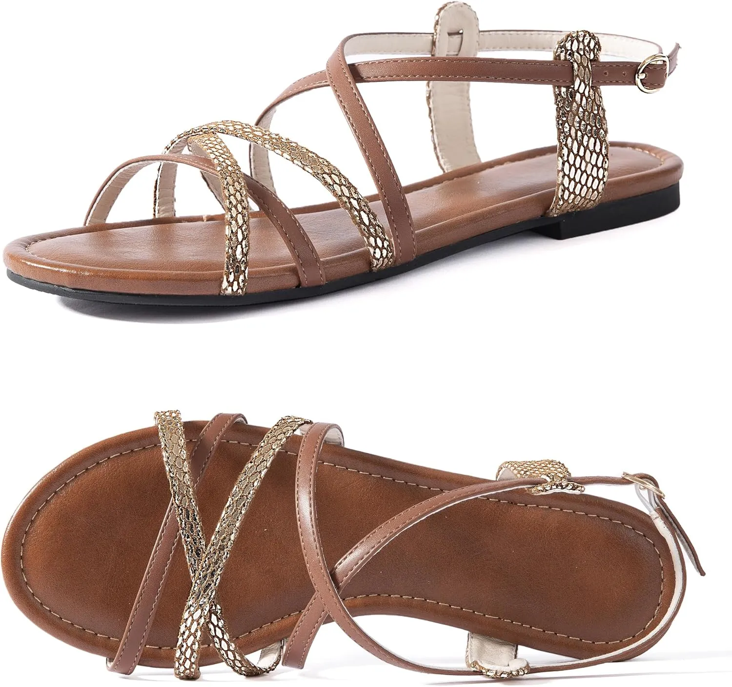 Mtzyoa Women Flat Sandals Summer Gladiator Adjustable Ankle Strappy Dressy Cross Vacation Comfort Cushioning Leather Non-Slip Casual Party Trendy
