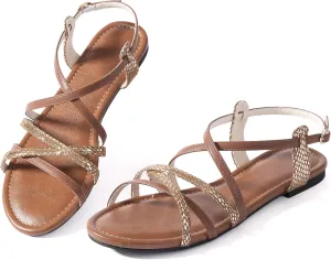 Mtzyoa Women Flat Sandals Summer Gladiator Adjustable Ankle Strappy Dressy Cross Vacation Comfort Cushioning Leather Non-Slip Casual Party Trendy