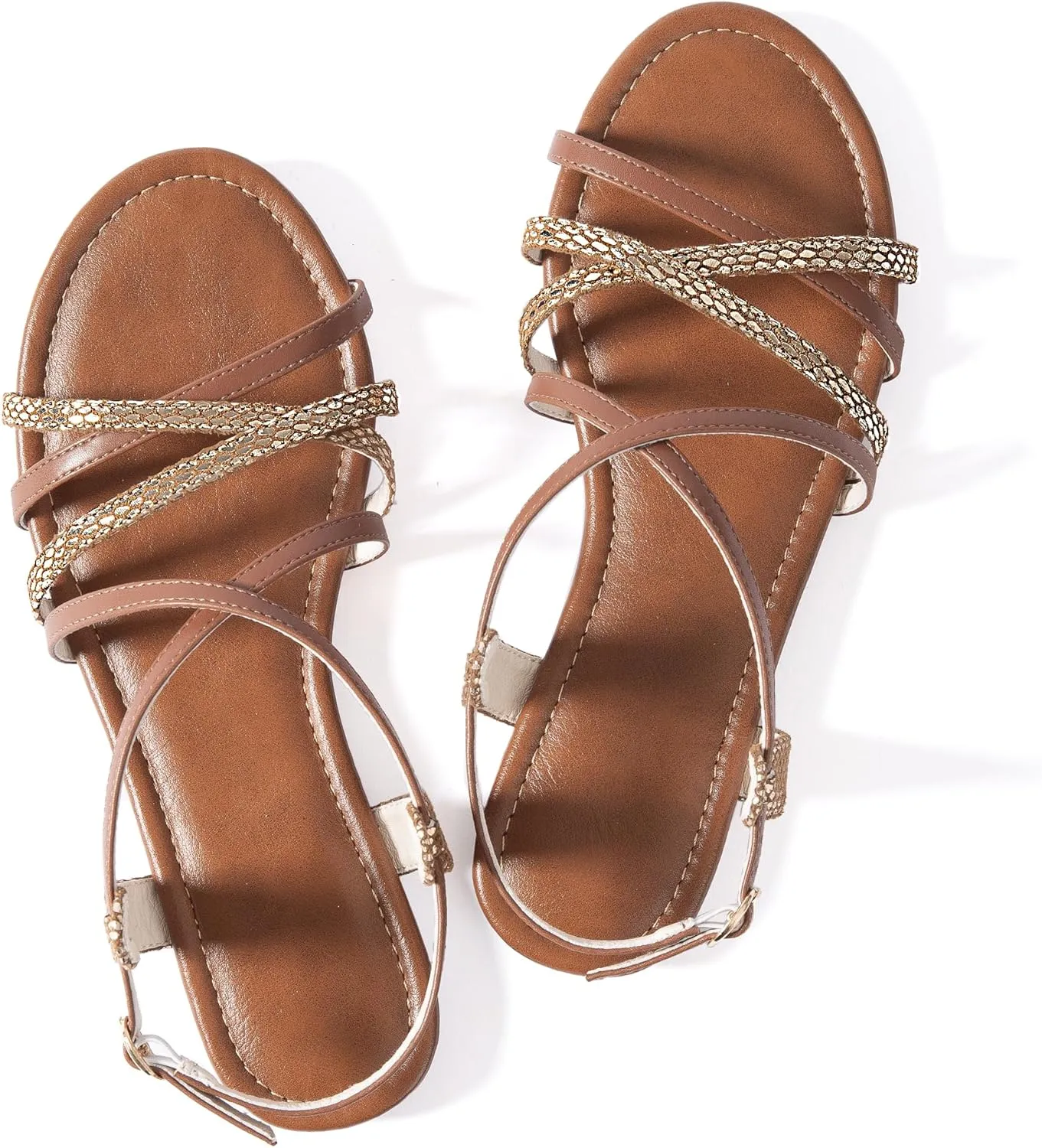 Mtzyoa Women Flat Sandals Summer Gladiator Adjustable Ankle Strappy Dressy Cross Vacation Comfort Cushioning Leather Non-Slip Casual Party Trendy