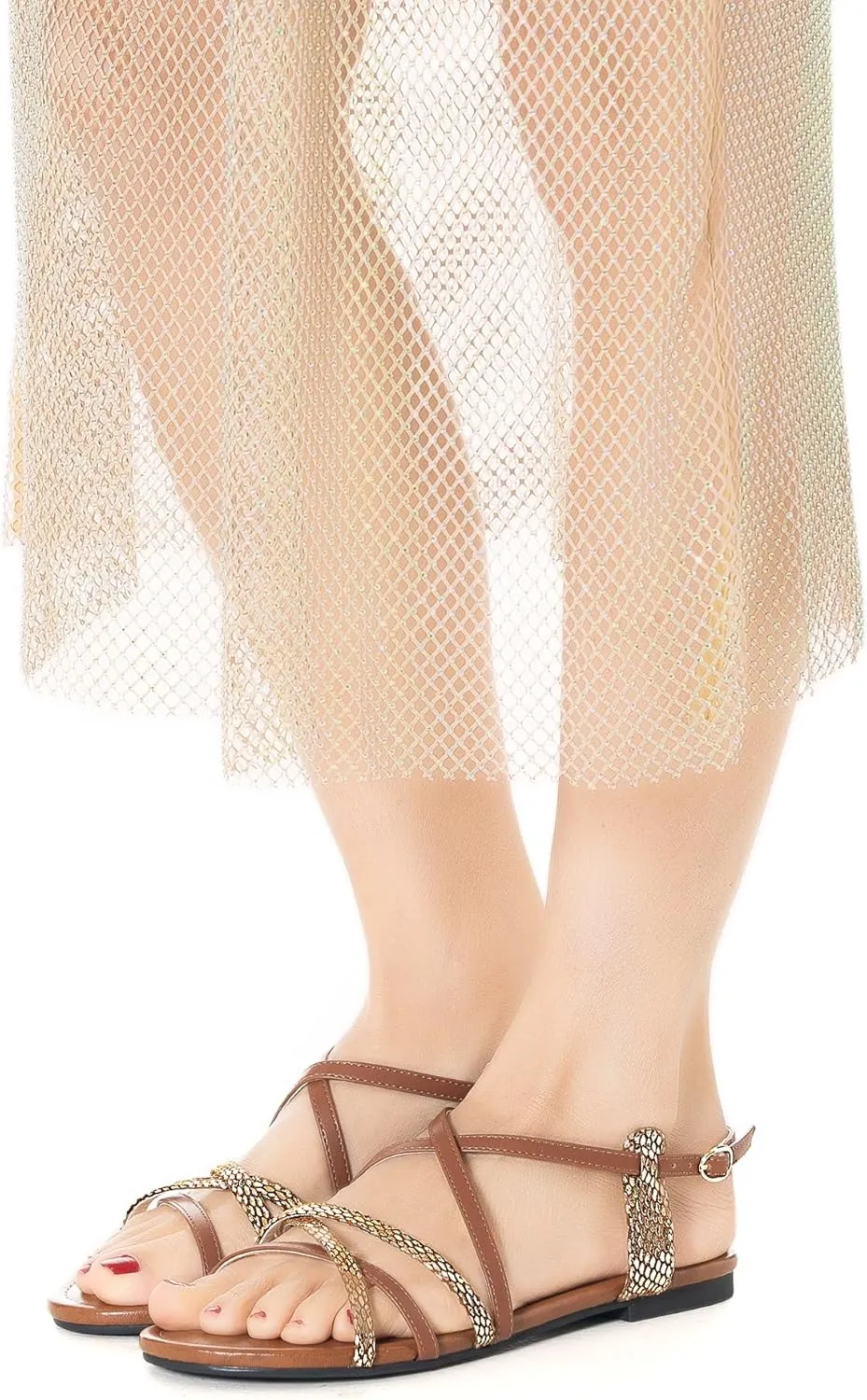Mtzyoa Women Flat Sandals Summer Gladiator Adjustable Ankle Strappy Dressy Cross Vacation Comfort Cushioning Leather Non-Slip Casual Party Trendy