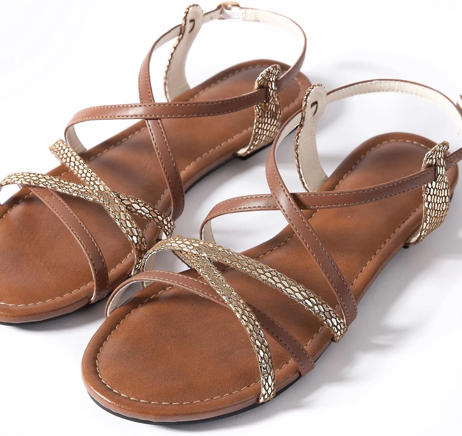 Mtzyoa Women Flat Sandals Summer Gladiator Adjustable Ankle Strappy Dressy Cross Vacation Comfort Cushioning Leather Non-Slip Casual Party Trendy