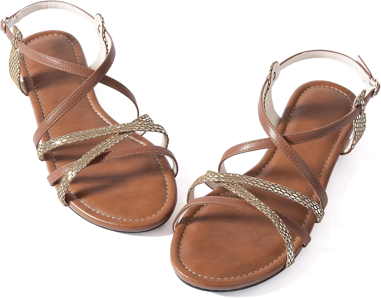 Mtzyoa Women Flat Sandals Summer Gladiator Adjustable Ankle Strappy Dressy Cross Vacation Comfort Cushioning Leather Non-Slip Casual Party Trendy