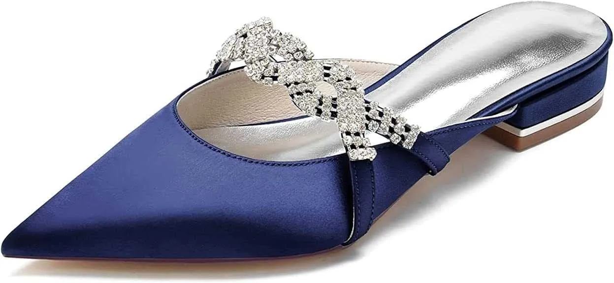 Mules for Women Flats Comfortable Pointed Closed Toe Women Mules Toe Pull On Bridal Shoes Ballet Flats Satin Rhinestone Flat Heel