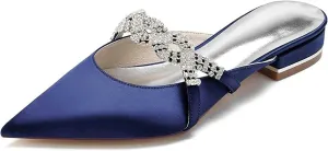 Mules for Women Flats Comfortable Pointed Closed Toe Women Mules Toe Pull On Bridal Shoes Ballet Flats Satin Rhinestone Flat Heel