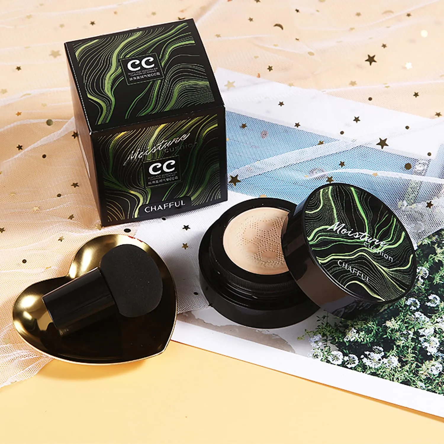 Mushroom Head Air Cushion CC Cream Natural Foundation,Phoera Powder, Bright Makeup Base Long Lasting with Makeup Sponge and Flat Top Kabuki Foundation Brush (#03 Warm Nude)