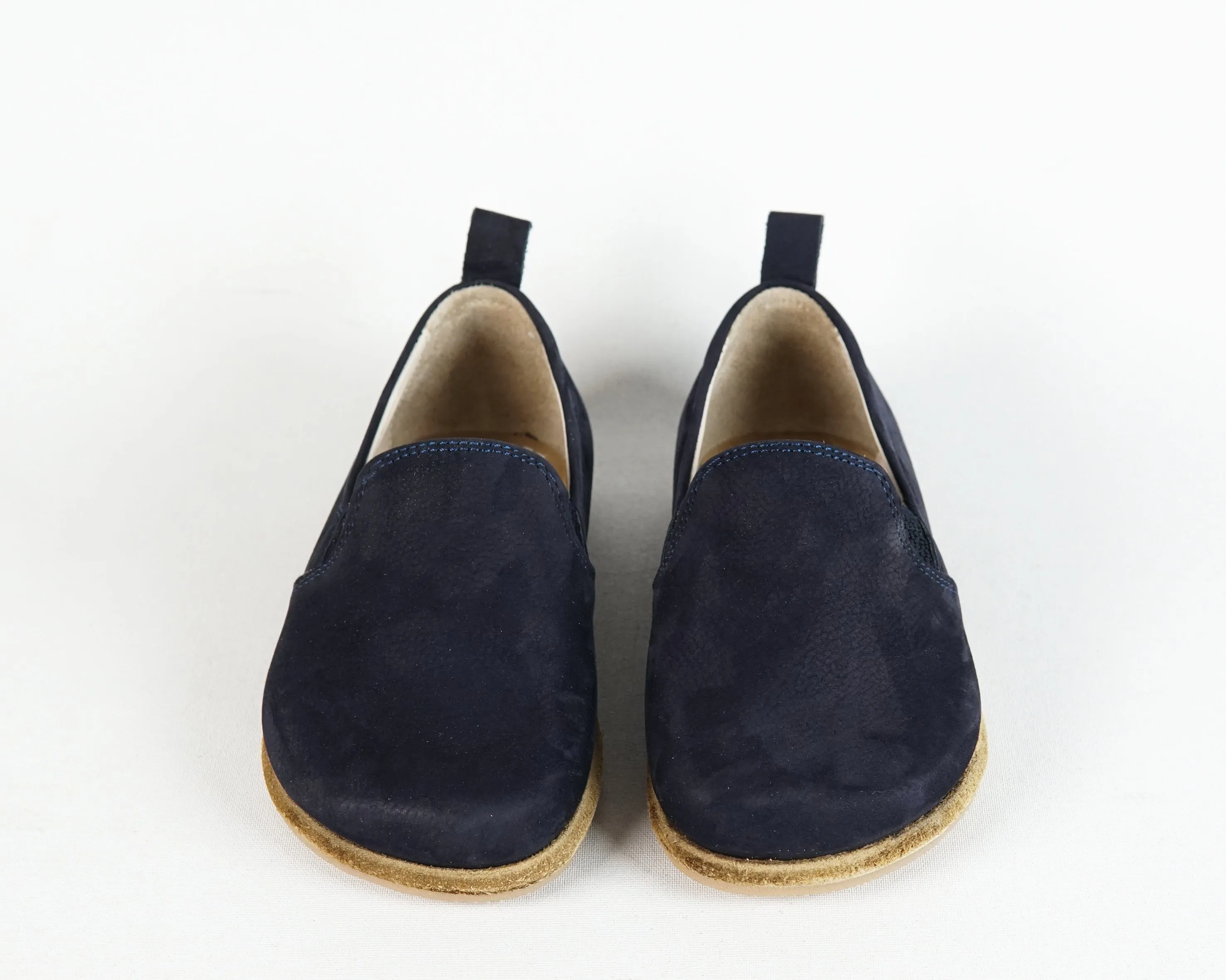 Navy Blue Kids Slip-On Wide Barefoot Shoes Nubuck Leather Handmade Leather & Rubber Sole