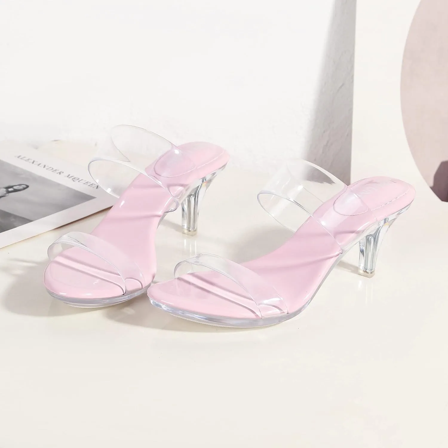 NBUUNBU Clear Heels for Women Silver Black Heels Little Platform Sexy High Heels Sandals Stiletto Kitten Open Toe Dress Shoes Comfortable Double Transparent Strap Heeled Sandals Mule