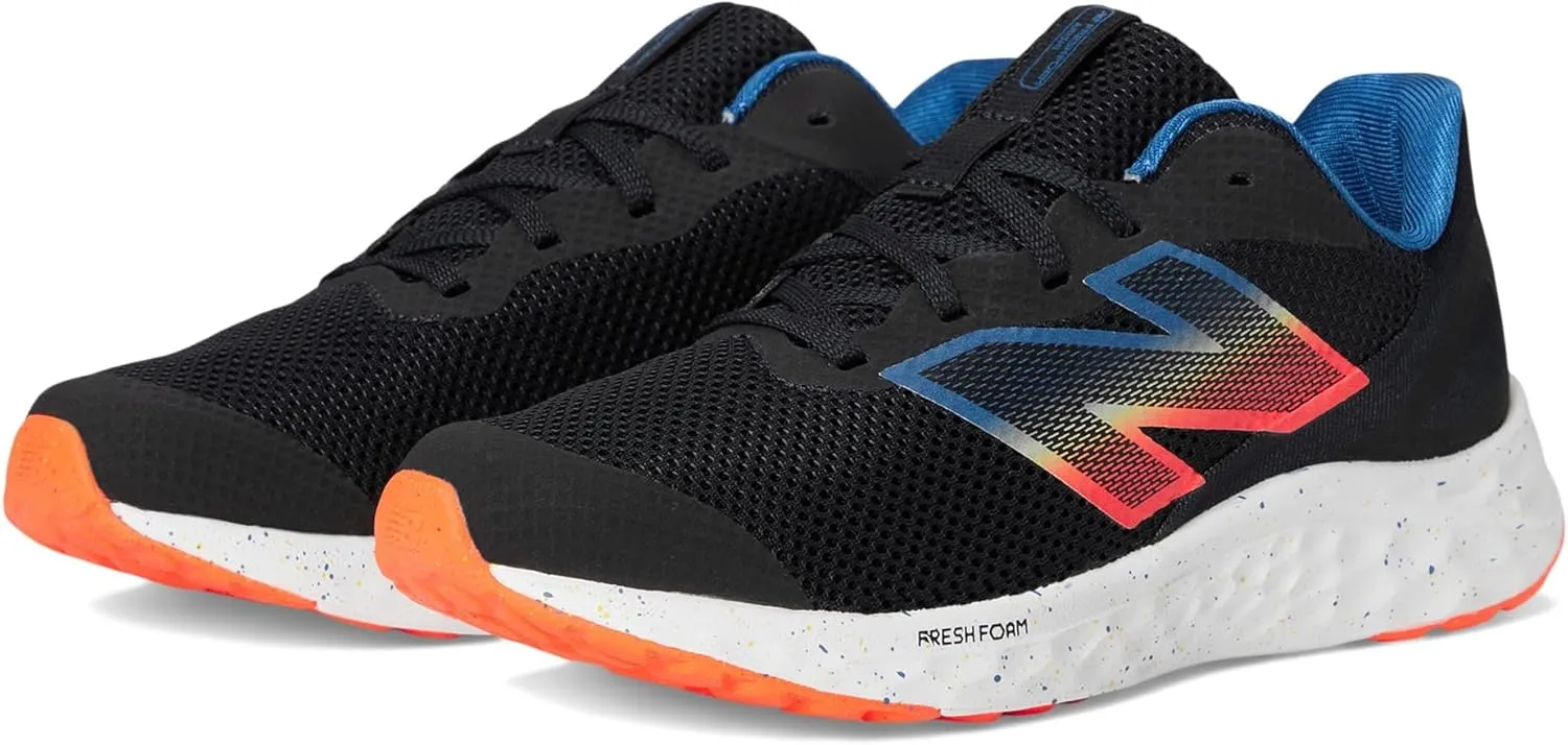 New Balance KIds Arishi Fresh Foam v4 Sneaker, BLACK/BLUE AGATE/BLAZE ORANGE, 4 W Big Kid (8-12 Years)