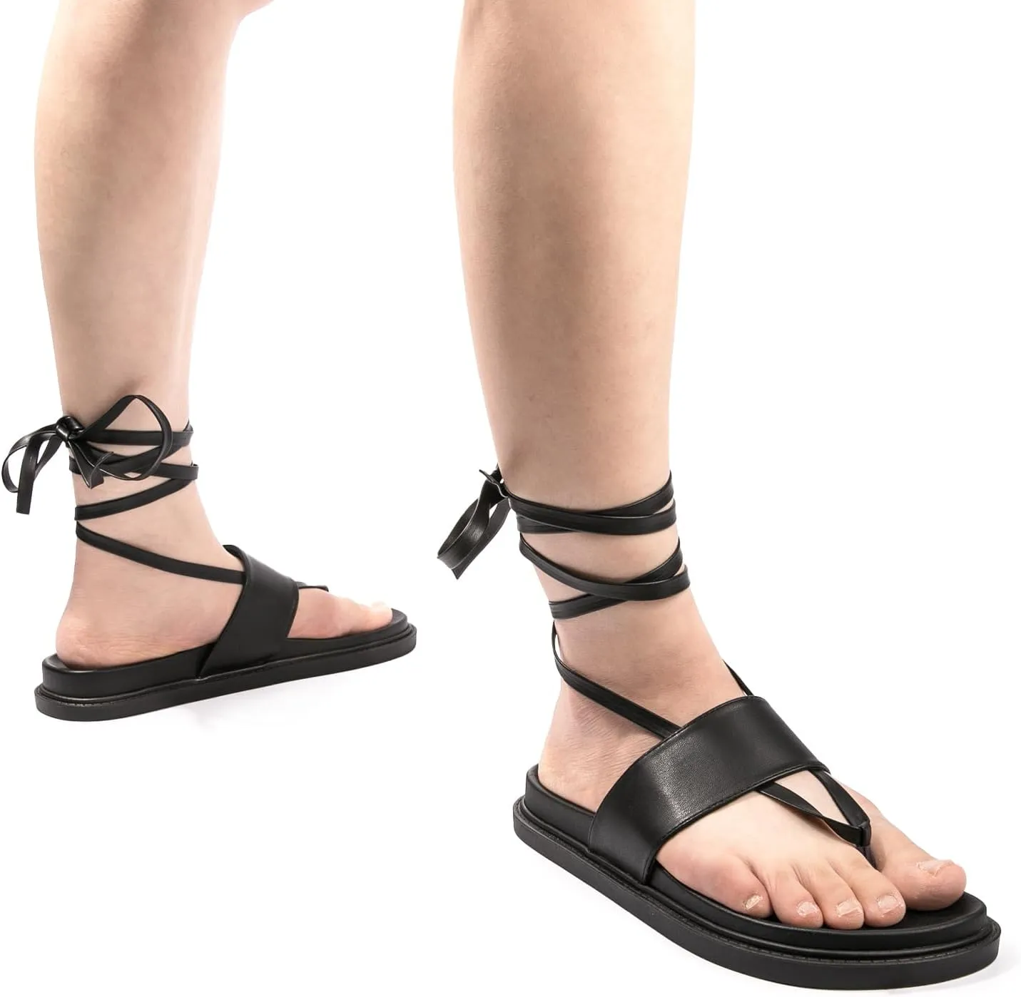 NITTI Women's Flat Sandals, Lace up Sandals, Tie Up Dressy Sandals, PU Open Toe Gladiator Sandals, Casual One Band Ankle Cute Roman Sandals（Black，US 7）