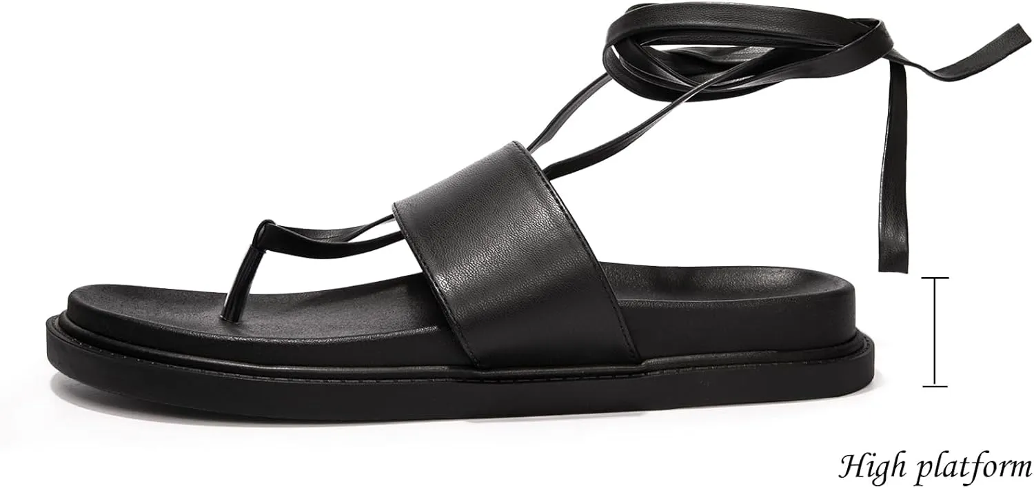 NITTI Women's Flat Sandals, Lace up Sandals, Tie Up Dressy Sandals, PU Open Toe Gladiator Sandals, Casual One Band Ankle Cute Roman Sandals（Black，US 7）