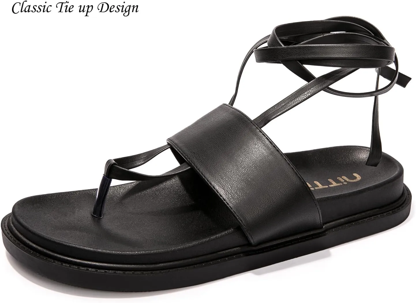 NITTI Women's Flat Sandals, Lace up Sandals, Tie Up Dressy Sandals, PU Open Toe Gladiator Sandals, Casual One Band Ankle Cute Roman Sandals（Black，US 7）