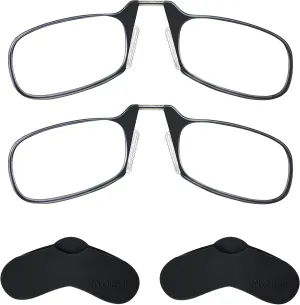 Noble Ultra Slim and Flat Reading Glasses Thin and Flexible Armless (2 Pairs) Enhanced Comfort Nose Rest, Armless Pocket Size Readers with 2 Stick-on Silicone Case Holder (Black,  2.00)