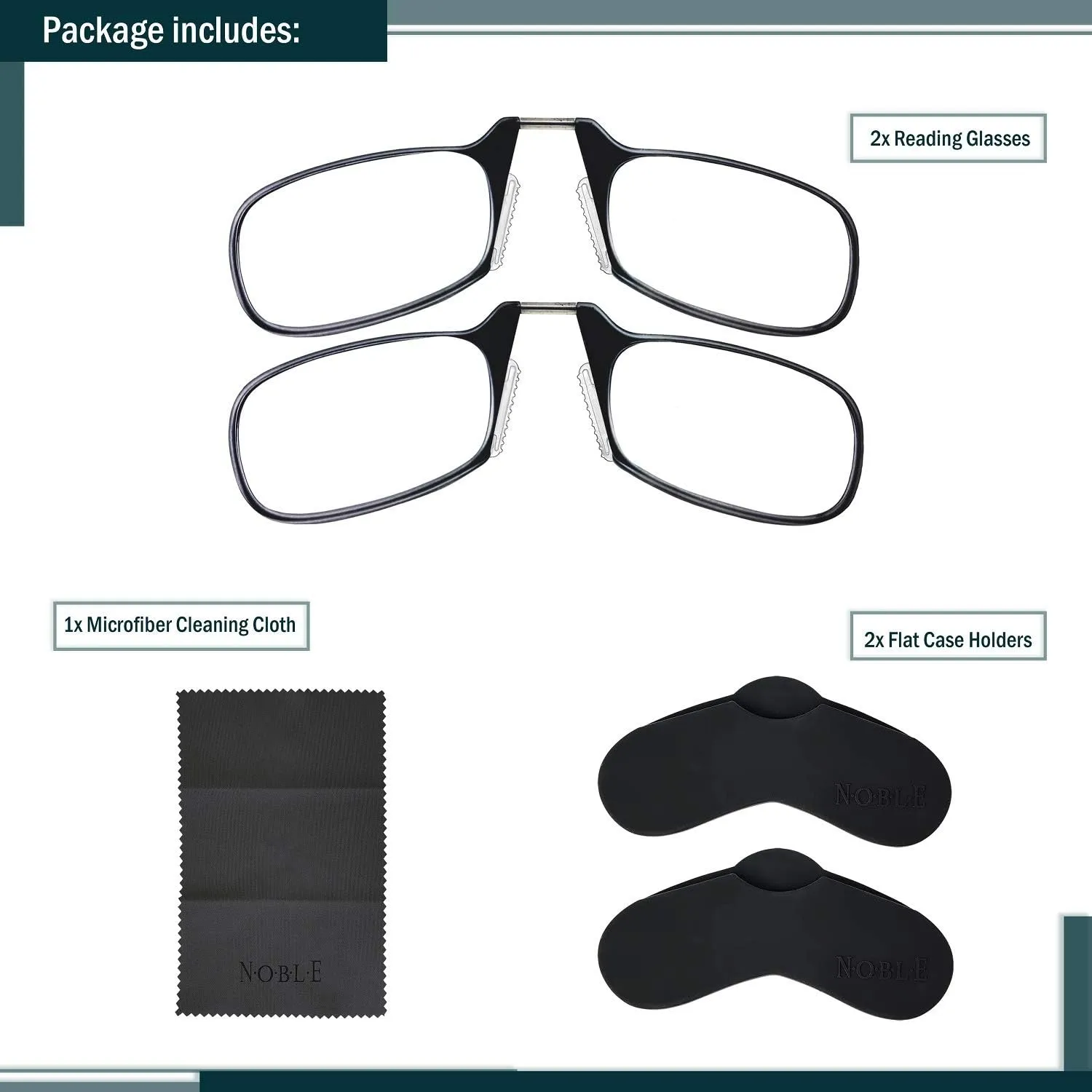 Noble Ultra Slim and Flat Reading Glasses Thin and Flexible Armless (2 Pairs) Enhanced Comfort Nose Rest, Armless Pocket Size Readers with 2 Stick-on Silicone Case Holder (Black,  2.00)