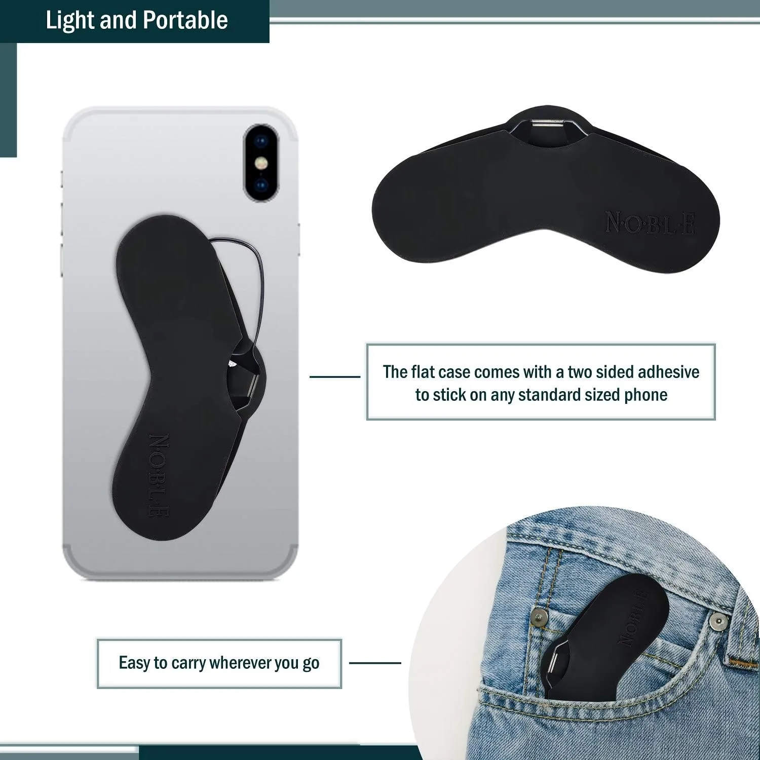 Noble Ultra Slim and Flat Reading Glasses Thin and Flexible Armless (2 Pairs) Enhanced Comfort Nose Rest, Armless Pocket Size Readers with 2 Stick-on Silicone Case Holder (Black,  2.00)