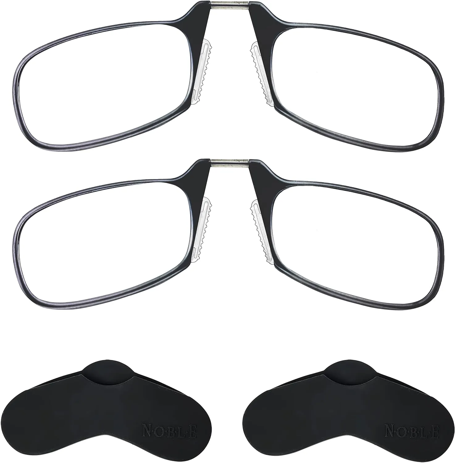 Noble Ultra Slim and Flat Reading Glasses Thin and Flexible Armless (2 Pairs) Enhanced Comfort Nose Rest, Armless Pocket Size Readers with 2 Stick-on Silicone Case Holder (Black,  2.00)