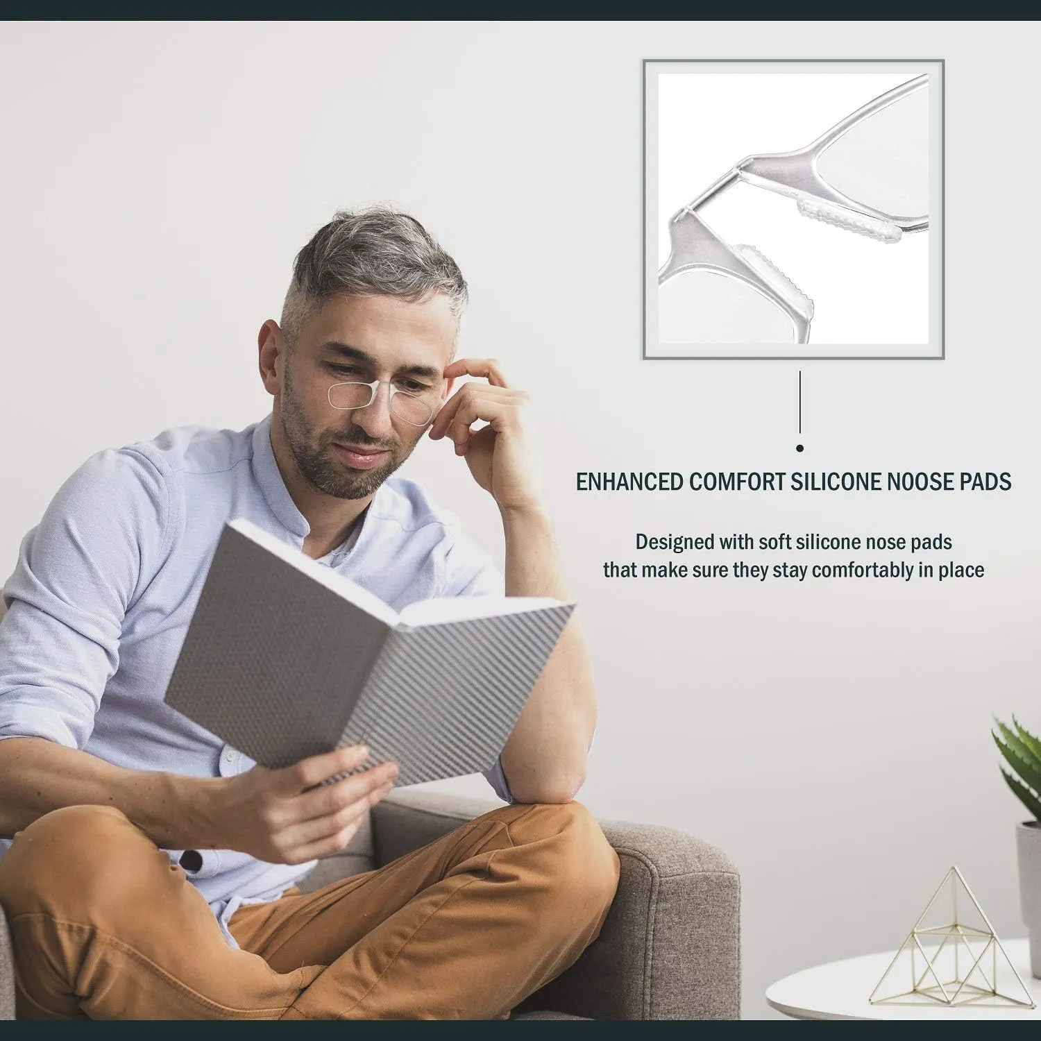 Noble Ultra Slim and Flat Reading Glasses Thin and Flexible Armless (2 Pairs) Enhanced Comfort Nose Rest, Armless Pocket Size Readers with 2 Stick-on Silicone Case Holder (Black,  2.00)