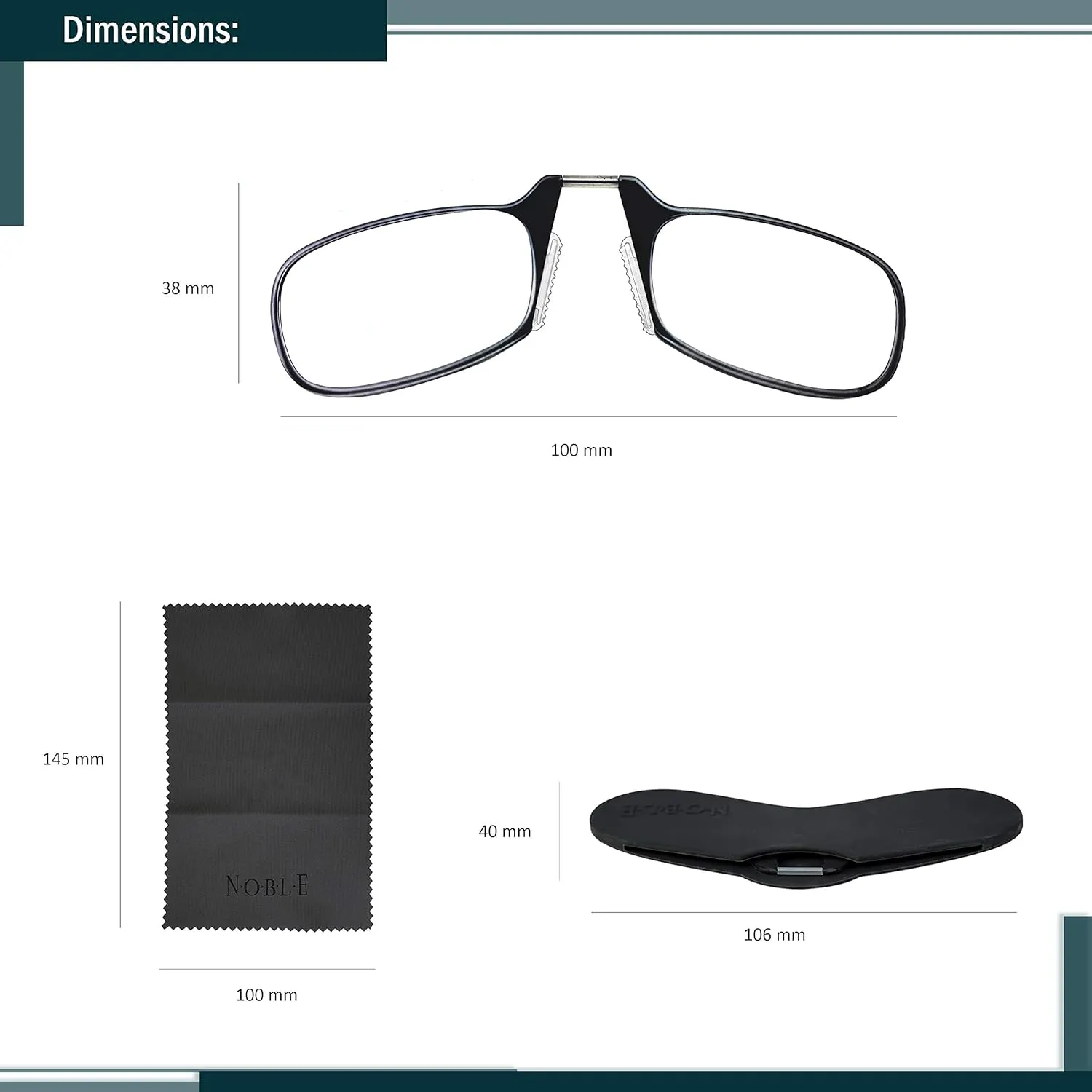 Noble Ultra Slim and Flat Reading Glasses Thin and Flexible Armless (2 Pairs) Enhanced Comfort Nose Rest, Armless Pocket Size Readers with 2 Stick-on Silicone Case Holder (Black,  2.00)