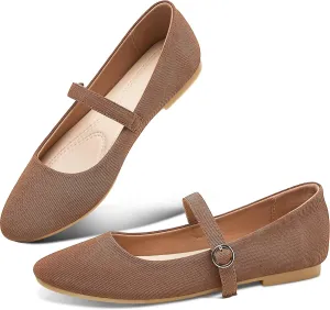 Obtaom Mary Jane Flat Shoes Round Toe Ballet Flats for Women Dressy Fabric Business Flats Comfortable Classic Strap Flats for Office