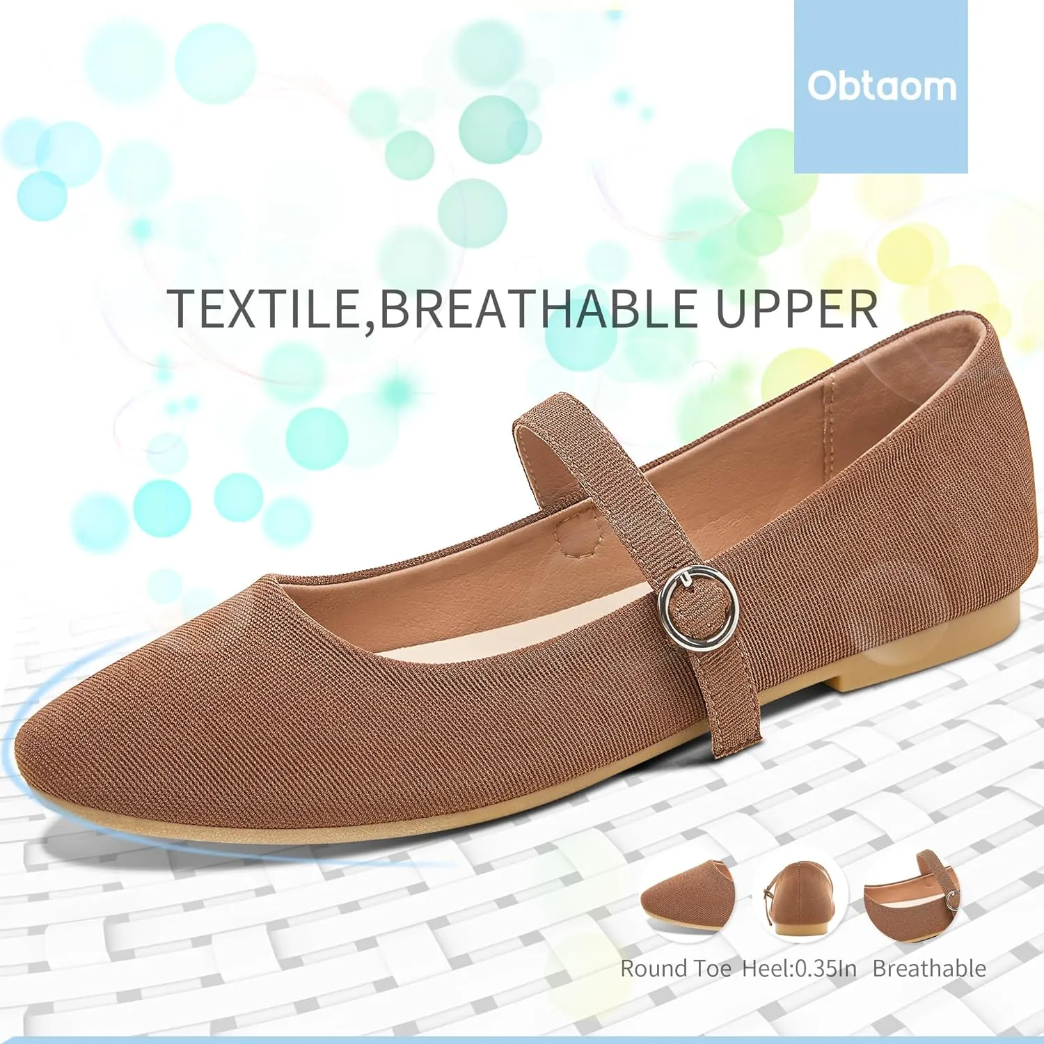 Obtaom Mary Jane Flat Shoes Round Toe Ballet Flats for Women Dressy Fabric Business Flats Comfortable Classic Strap Flats for Office