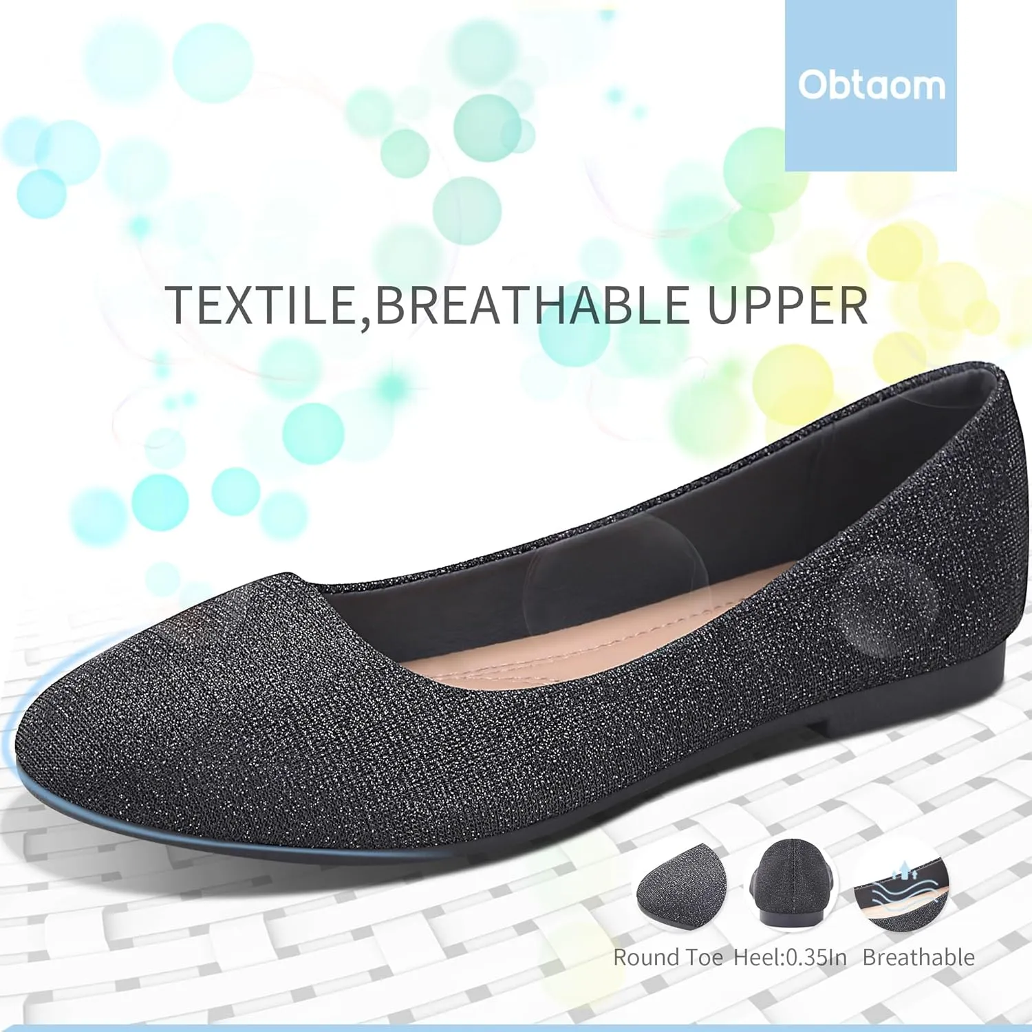 Obtaom Round Toe Women Flat Shoes Slip on Girls Dress Black Ballet Flats